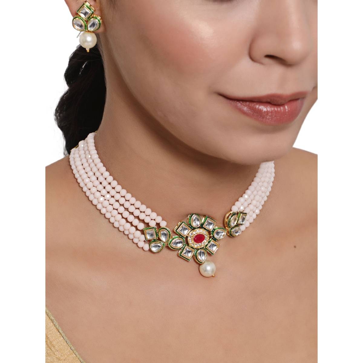 Aatmana Gold Plated Pink & Green Kundan Studded & Beaded Handcrafted Jewellery Set