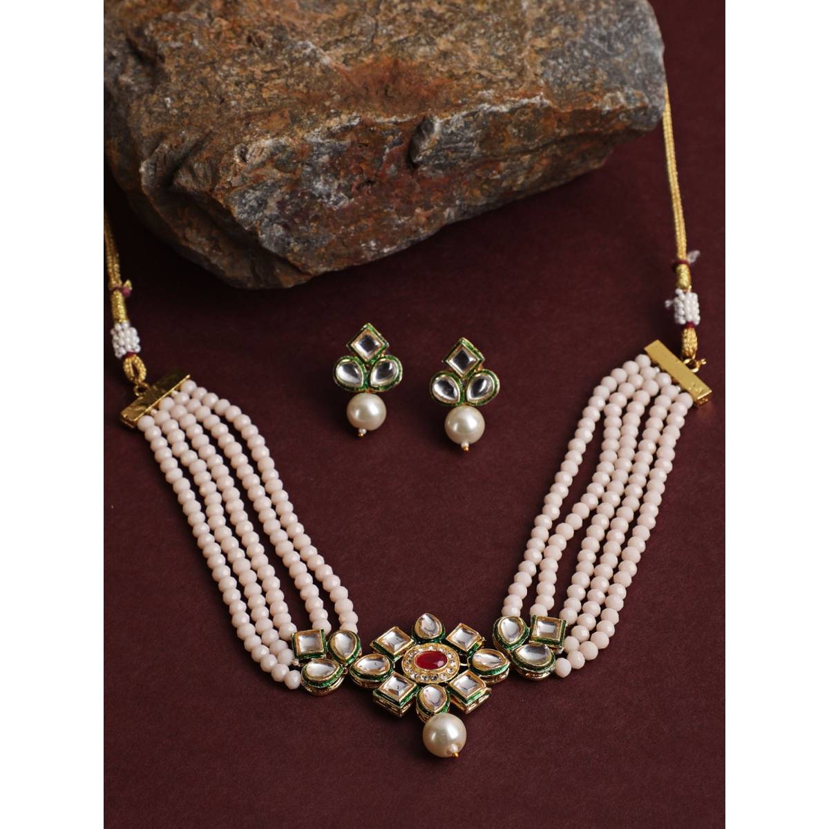 Aatmana Gold Plated Pink & Green Kundan Studded & Beaded Handcrafted Jewellery Set