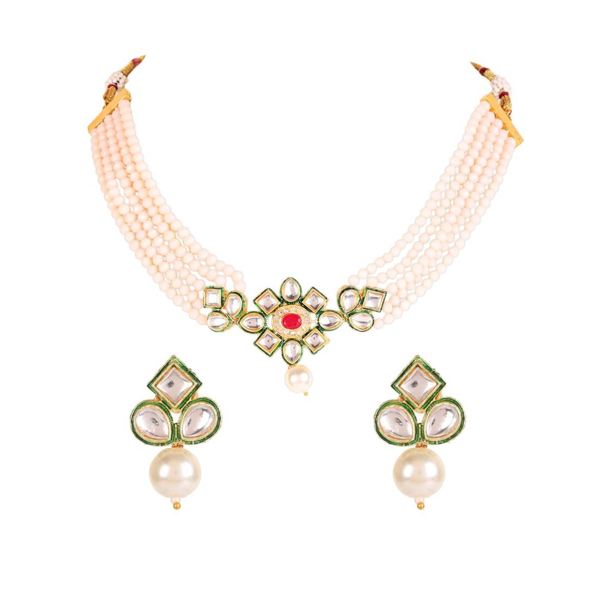 Aatmana Gold Plated Pink & Green Kundan Studded & Beaded Handcrafted Jewellery Set