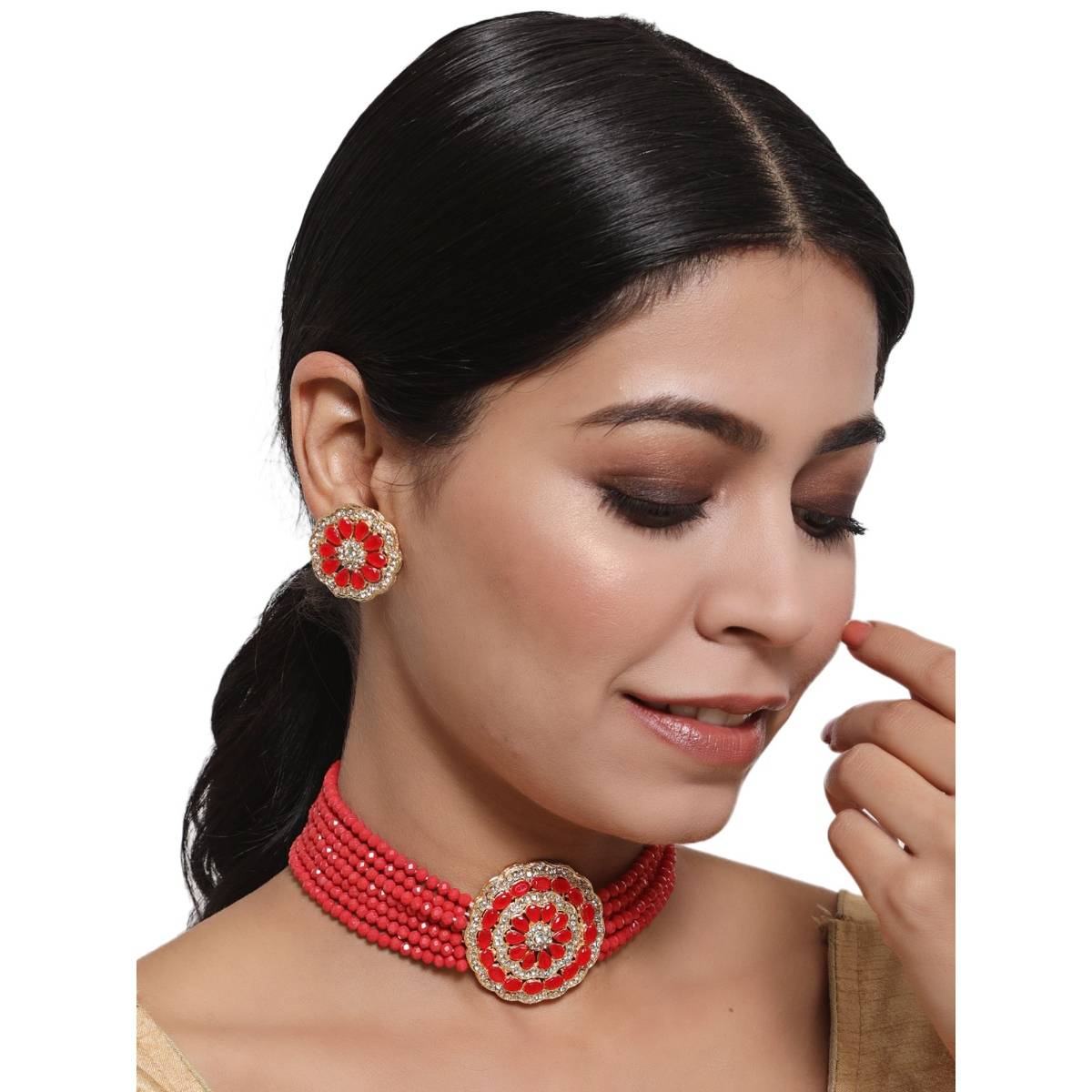 Aatmana Women Red & White Kundan Studded & Beaded Handcrafted Jewellery Set · One Size