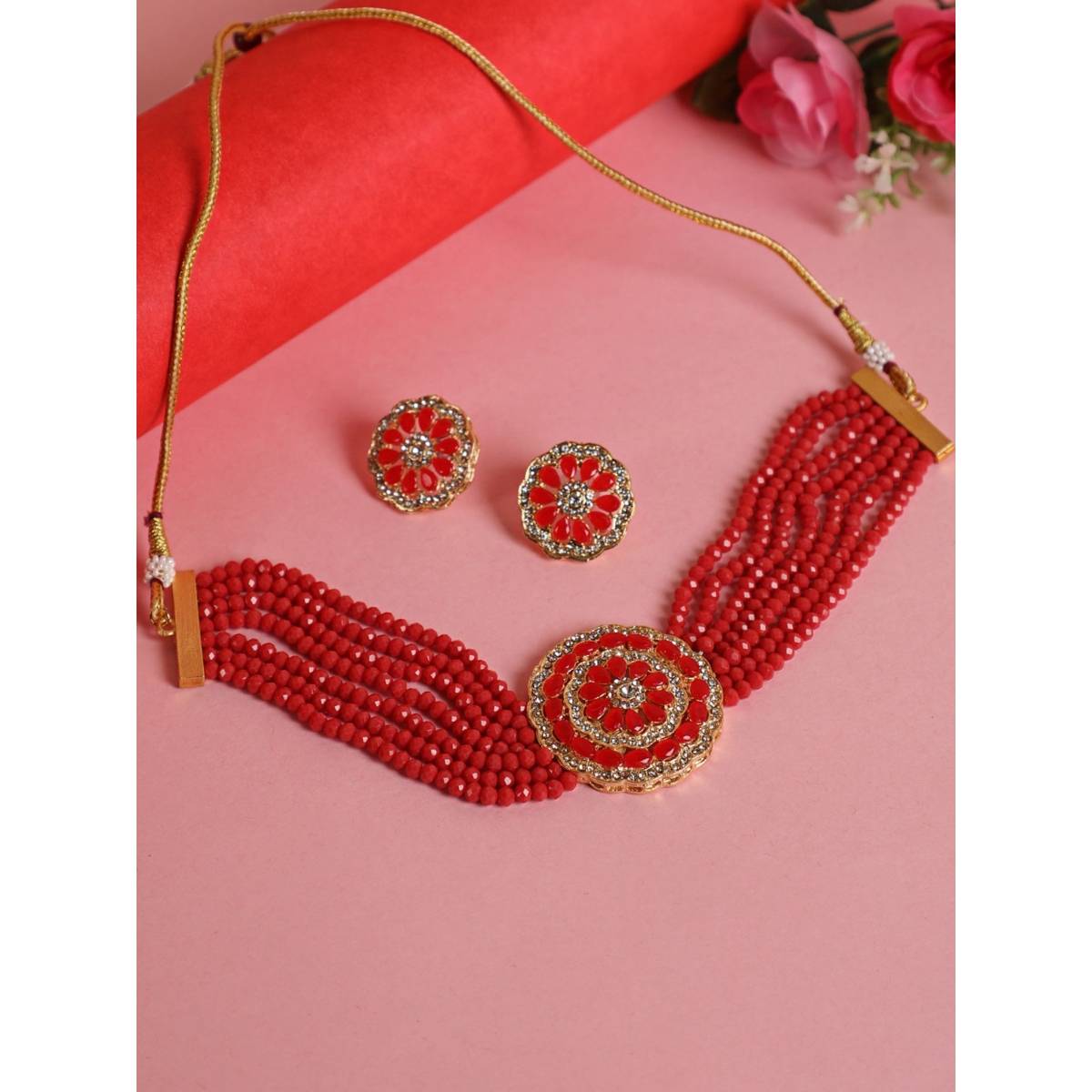 Aatmana Women Red & White Kundan Studded & Beaded Handcrafted Jewellery Set · One Size