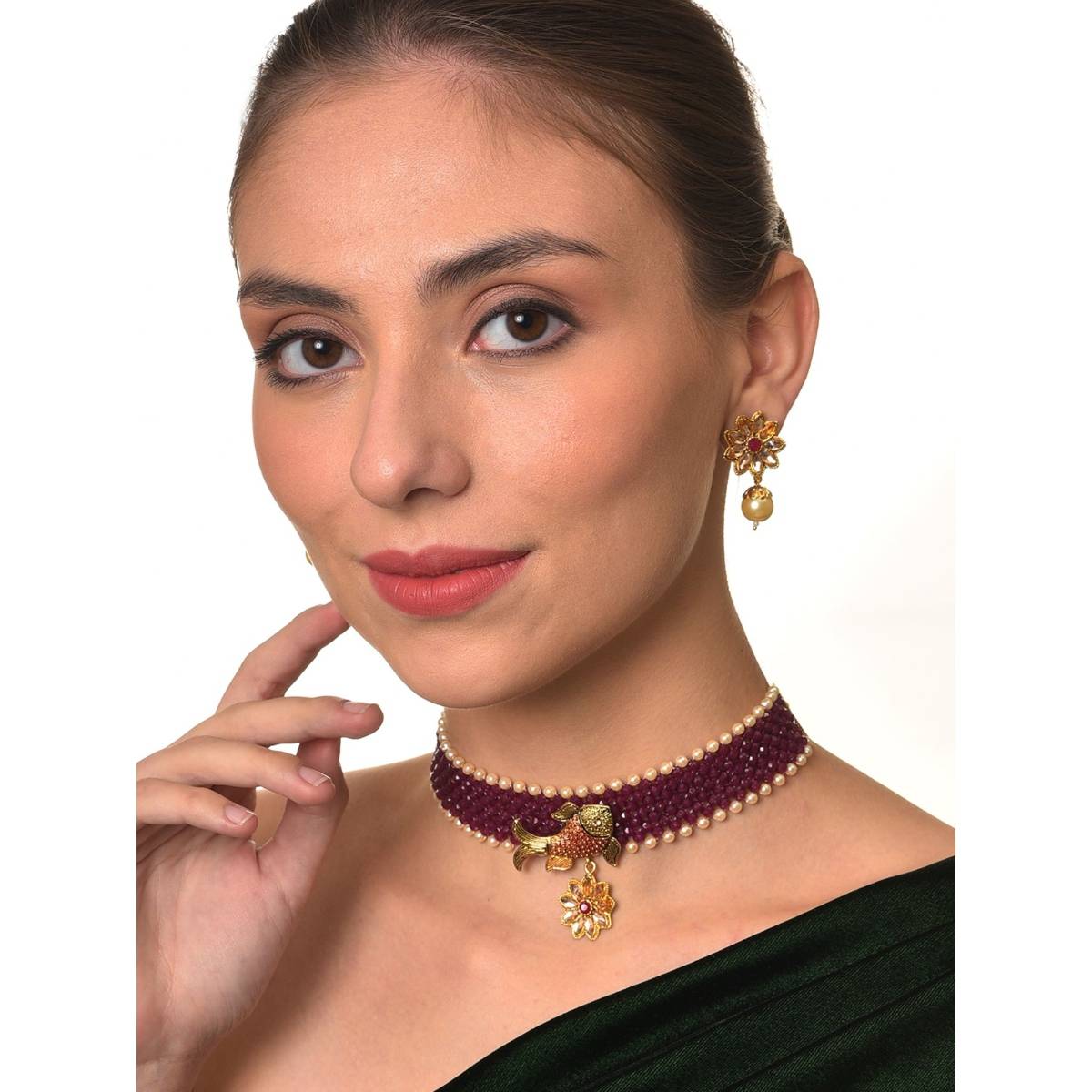 Aatmana Gold Toned & Maroon Fish Studded & Beaded Jewellery Set