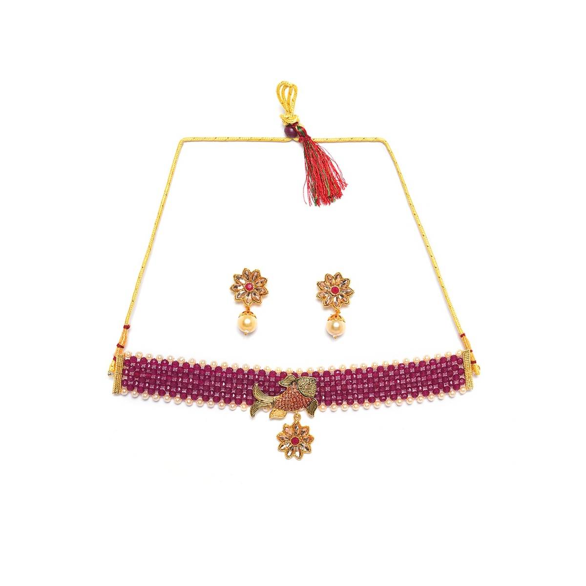 Aatmana Gold Toned & Maroon Fish Studded & Beaded Jewellery Set