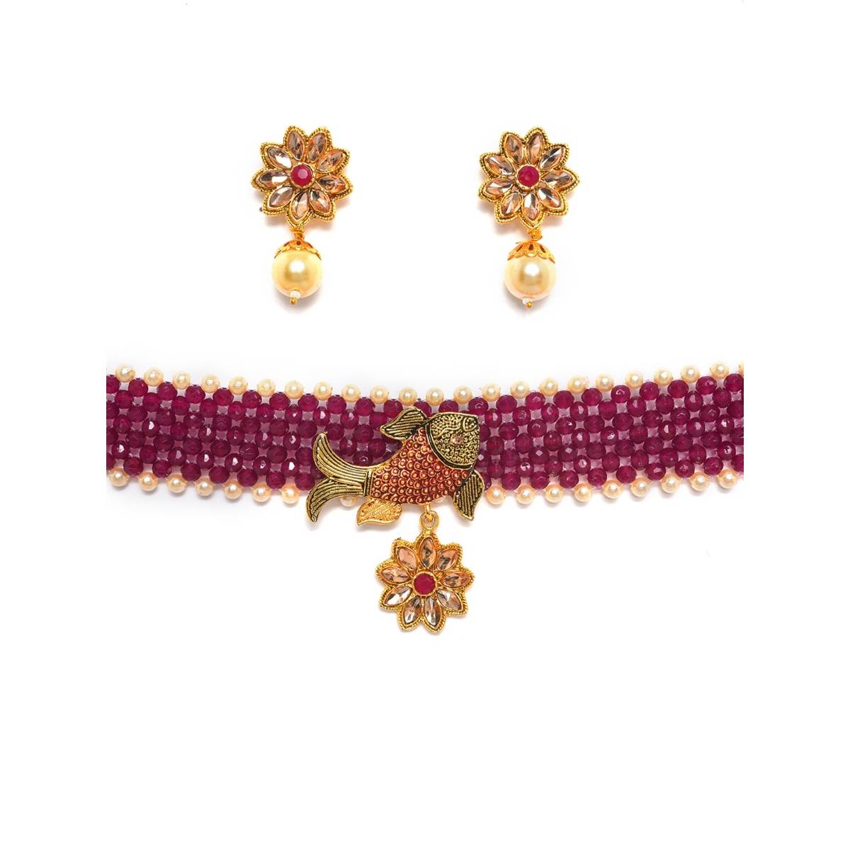 Aatmana Gold Toned & Maroon Fish Studded & Beaded Jewellery Set