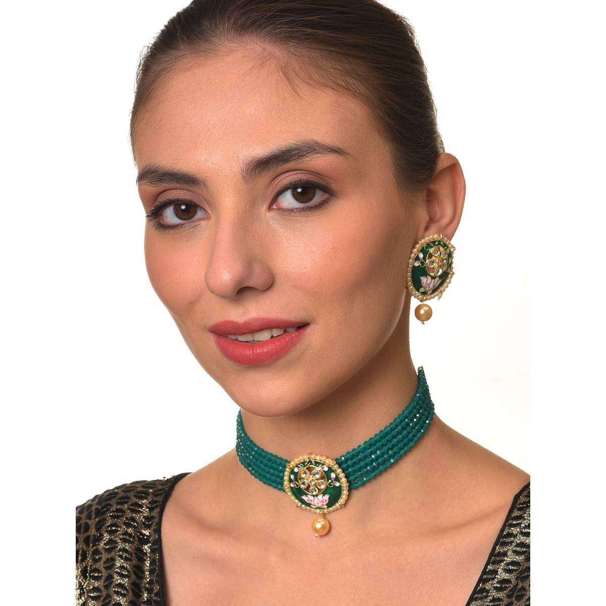 Aatmana Gold Plated White Kundan & Pearl Beaded Minakari Jewellery Set