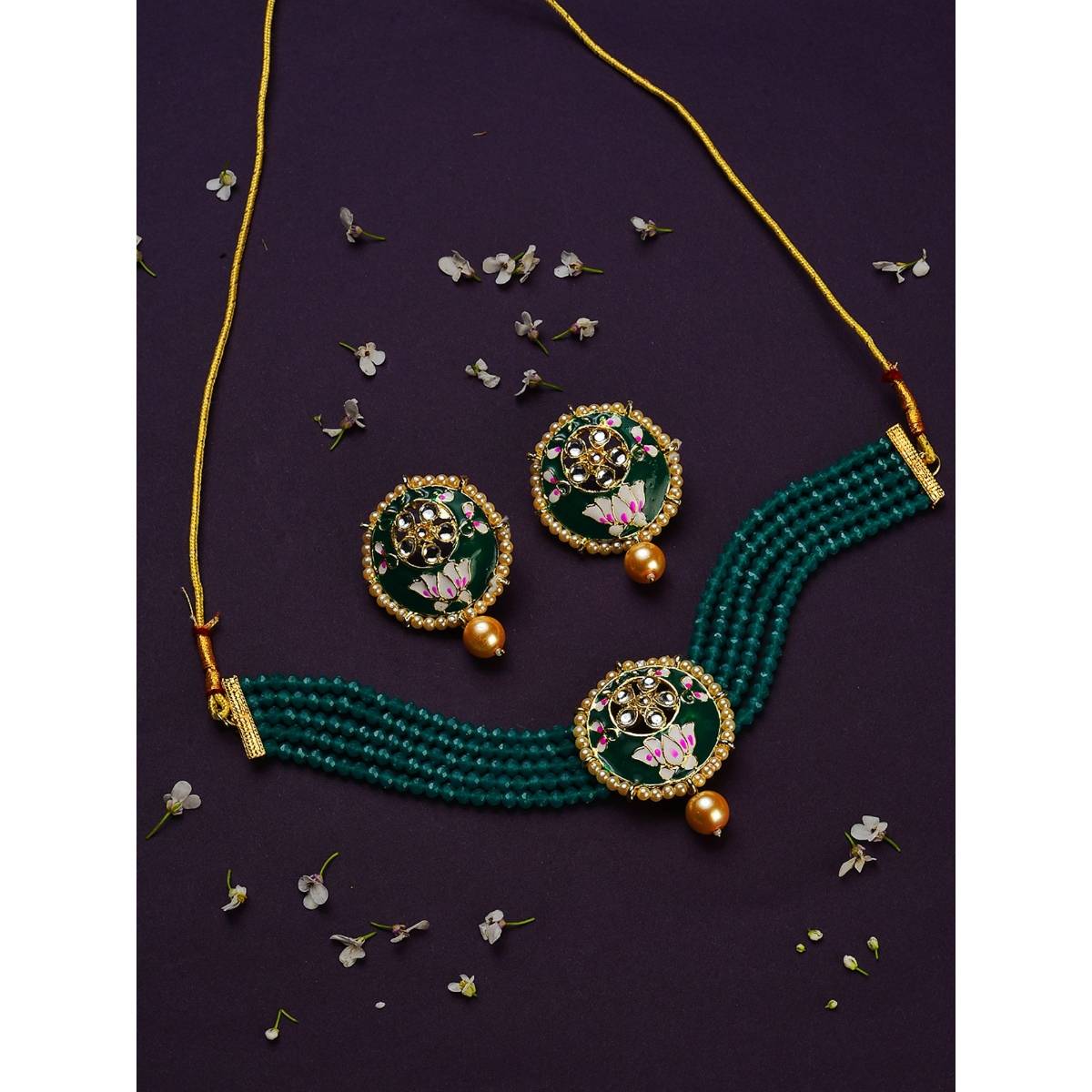 Aatmana Gold Plated White Kundan & Pearl Beaded Minakari Jewellery Set
