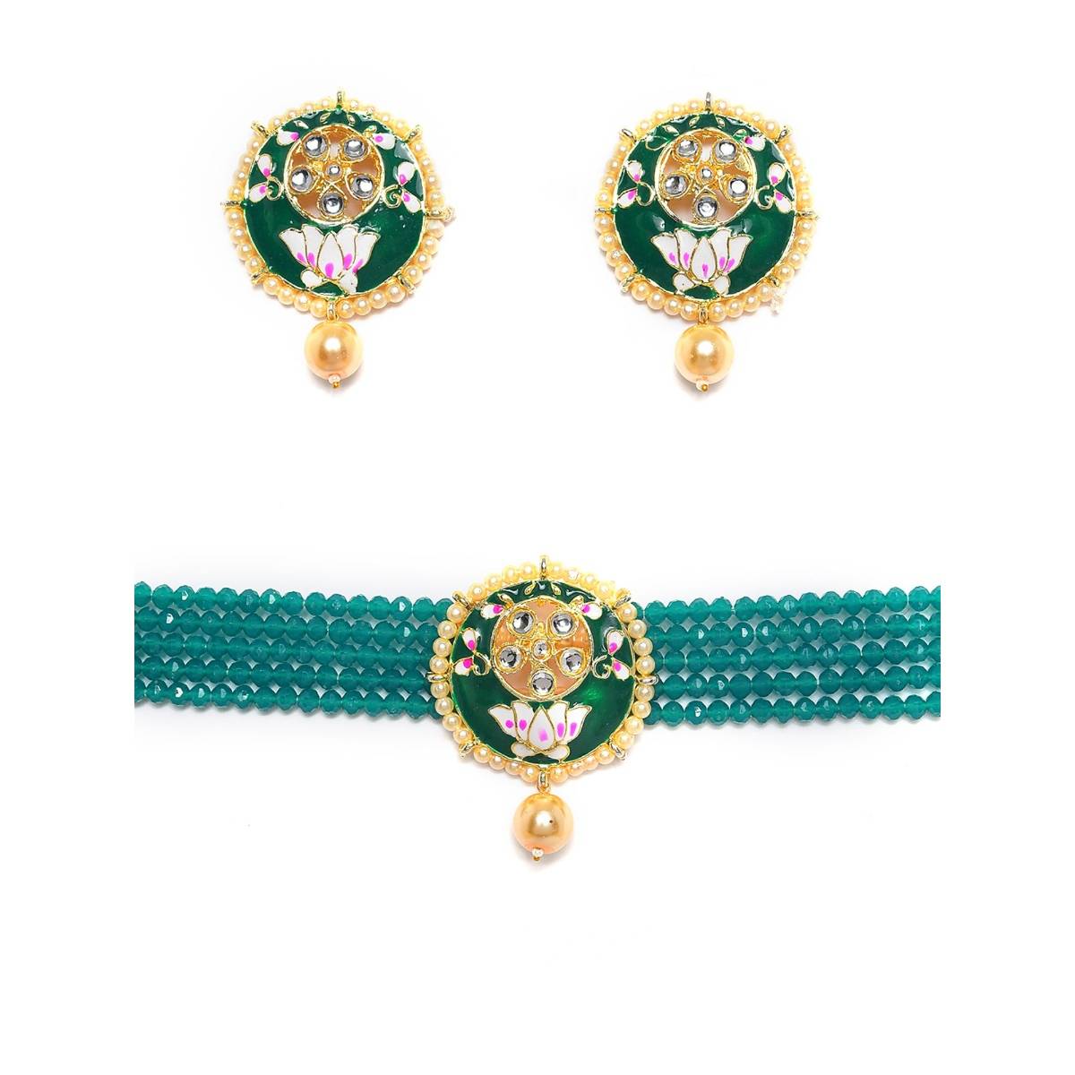 Aatmana Gold Plated White Kundan & Pearl Beaded Minakari Jewellery Set