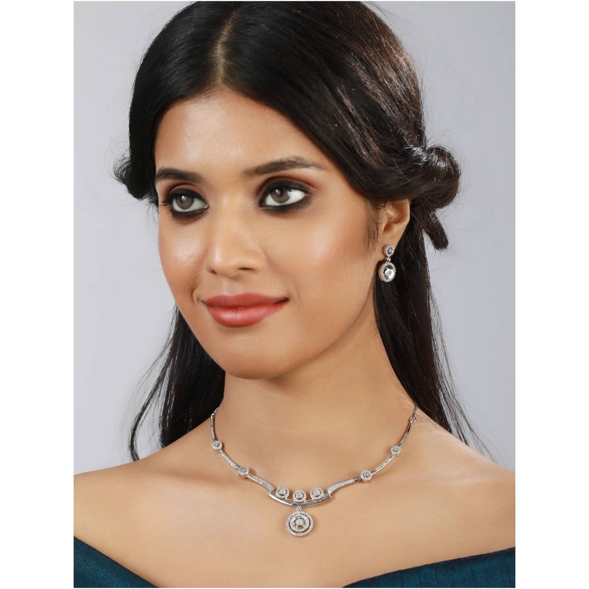 Aatmana Silver Plated American Diamond & Cz Stone Studded Jewellery Set