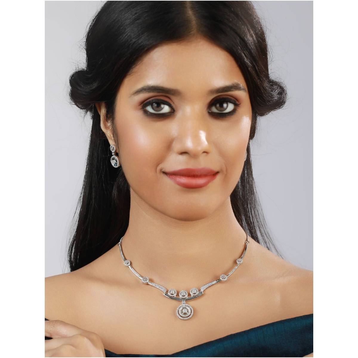Aatmana Silver Plated American Diamond & Cz Stone Studded Jewellery Set