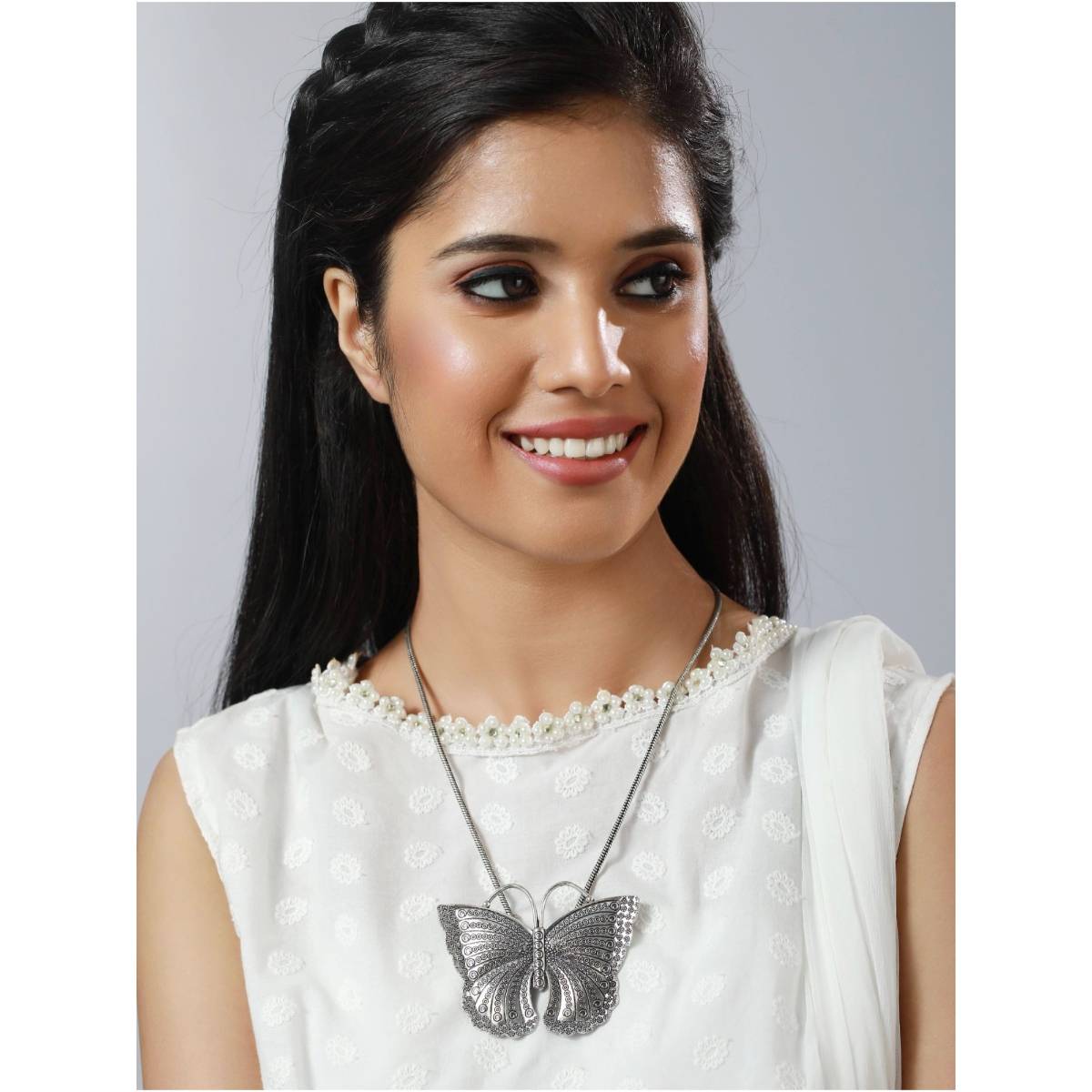 Aatmana Oxidised Silver Plated Butterfly Shaped Pendant with Chain