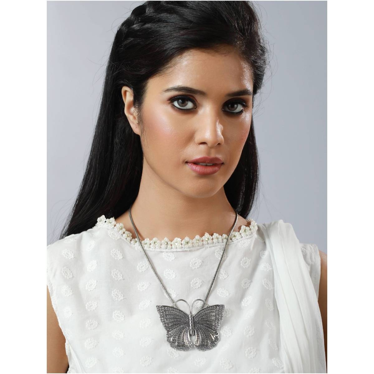 Aatmana Oxidised Silver Plated Butterfly Shaped Pendant with Chain