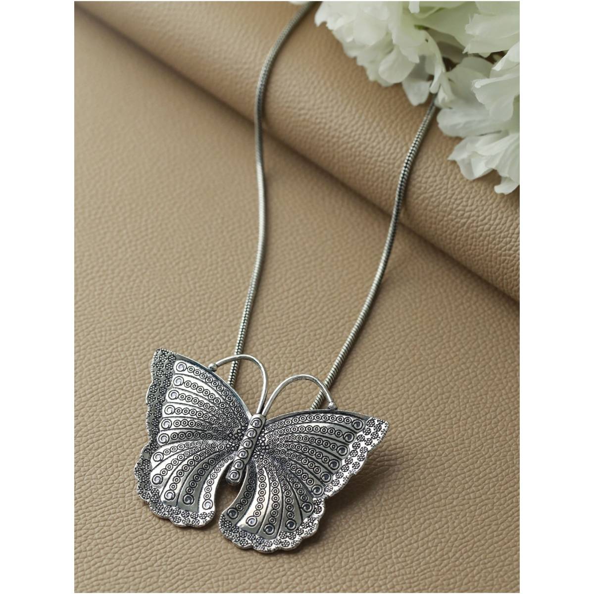 Aatmana Oxidised Silver Plated Butterfly Shaped Pendant with Chain
