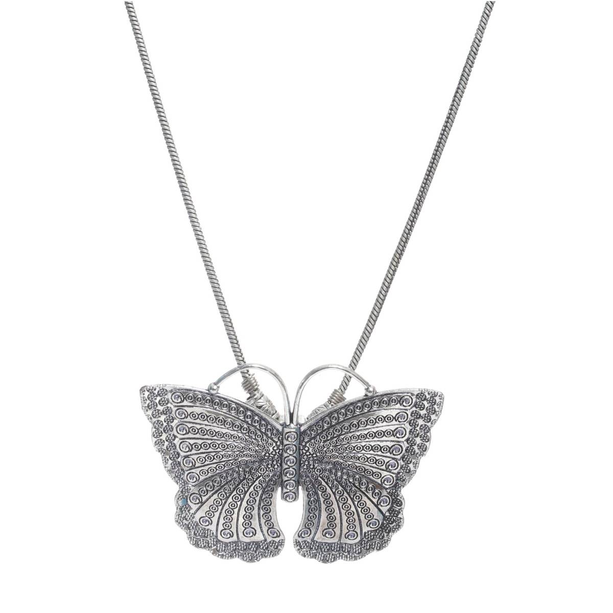 Aatmana Oxidised Silver Plated Butterfly Shaped Pendant with Chain