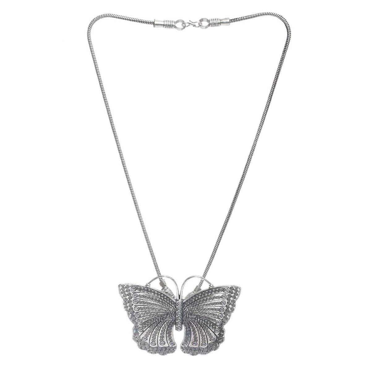 Aatmana Oxidised Silver Plated Butterfly Shaped Pendant with Chain