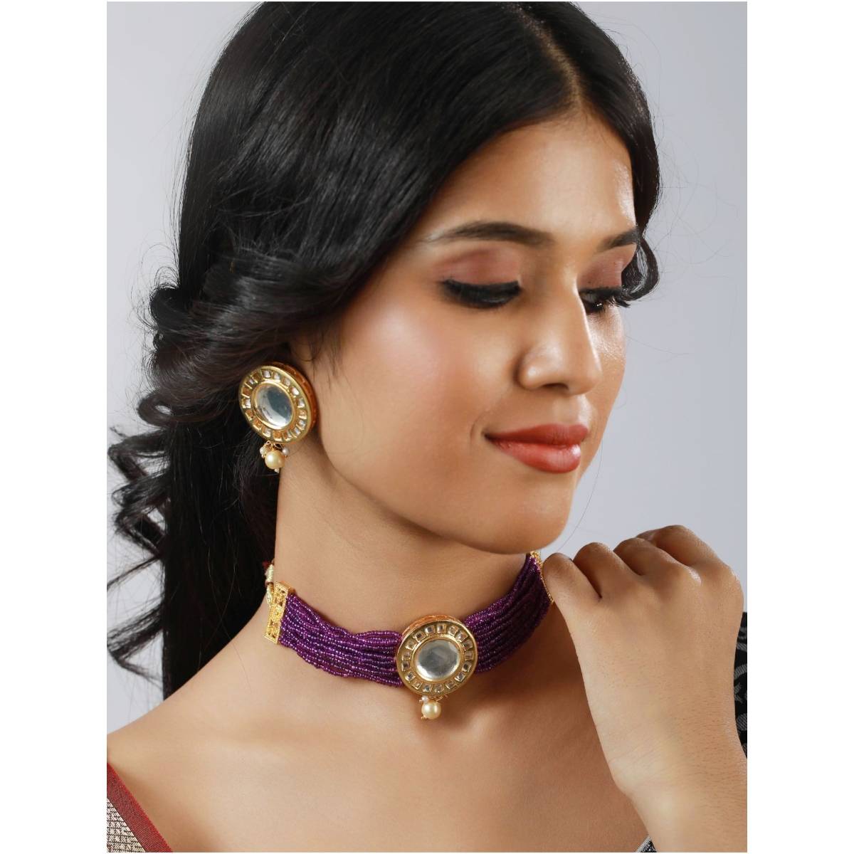 Aatmana Gold Plated Round Kundan Studded & Purple Beaded Choker Jewellery Set