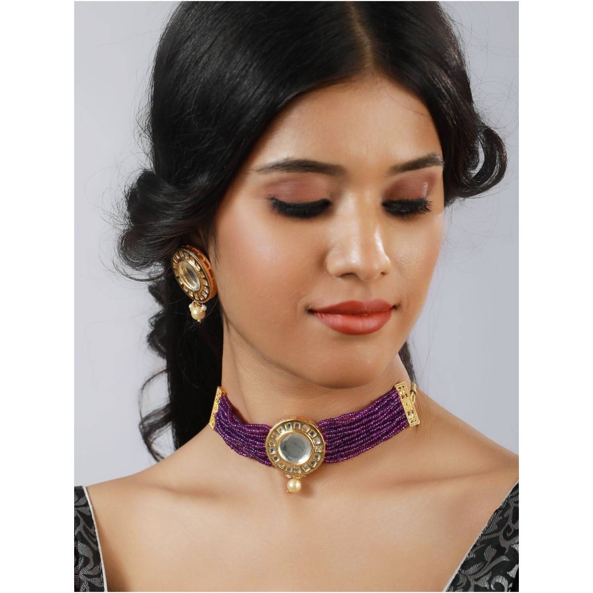 Aatmana Gold Plated Round Kundan Studded & Purple Beaded Choker Jewellery Set