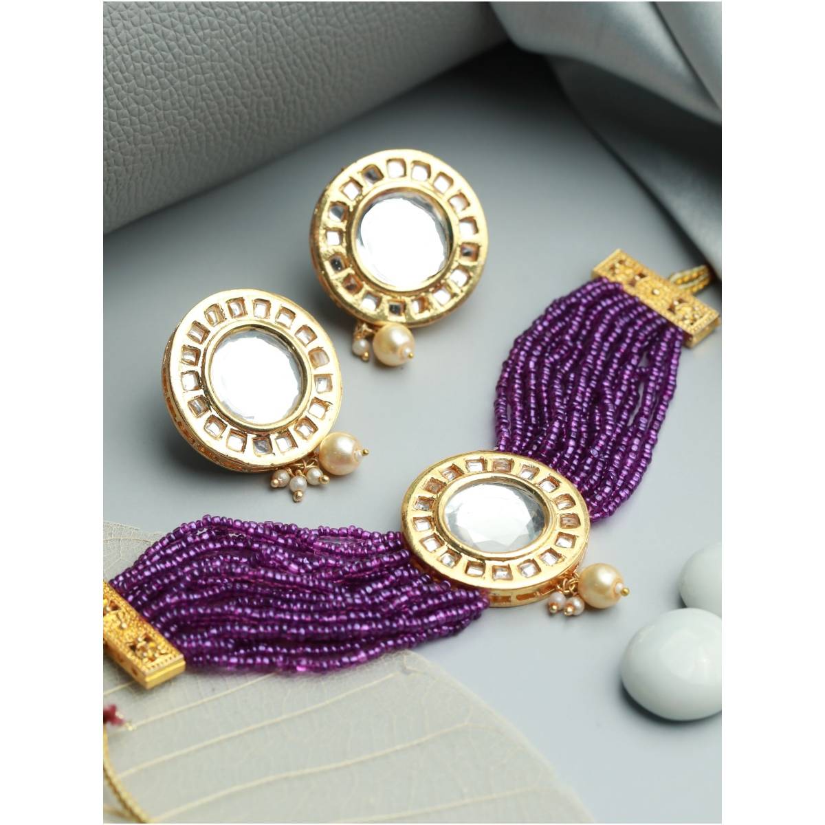 Aatmana Gold Plated Round Kundan Studded & Purple Beaded Choker Jewellery Set