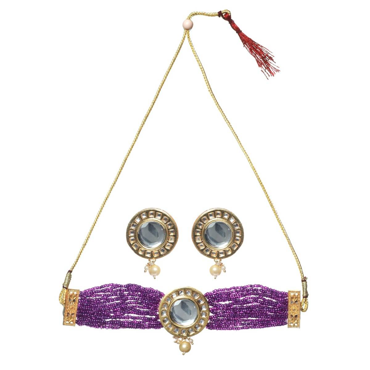 Aatmana Gold Plated Round Kundan Studded & Purple Beaded Choker Jewellery Set