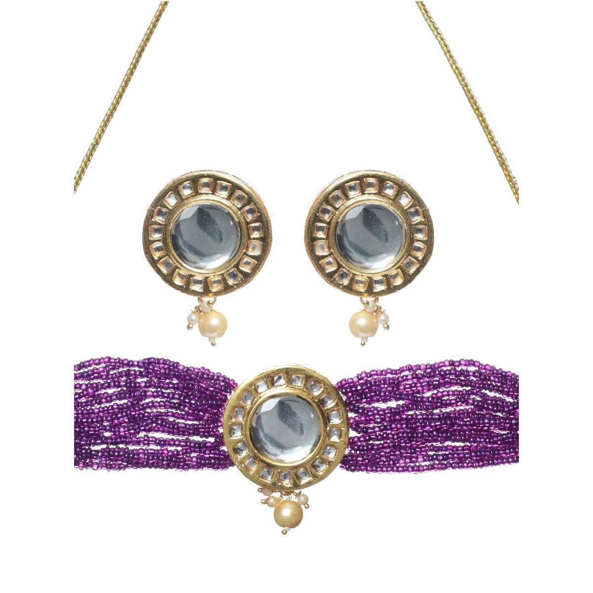 Aatmana Gold Plated Round Kundan Studded & Purple Beaded Choker Jewellery Set