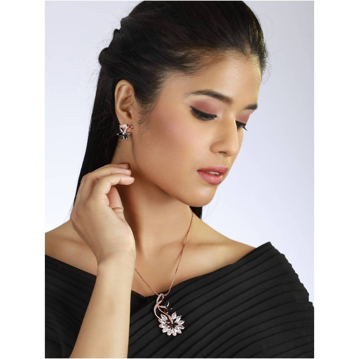 Aatmana Black American Diamond Rose Gold Pendant & Earring Set