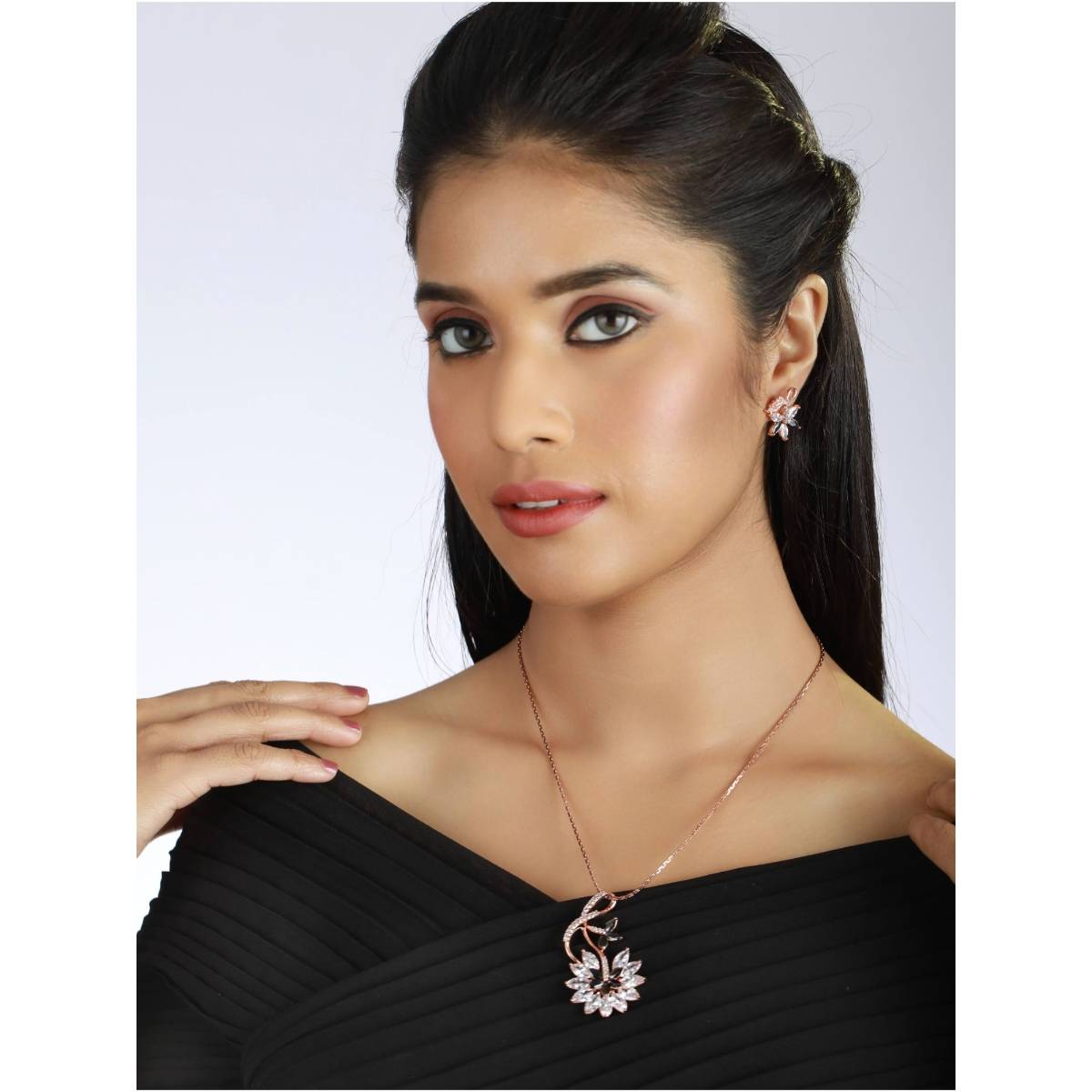 Aatmana Black American Diamond Rose Gold Pendant & Earring Set