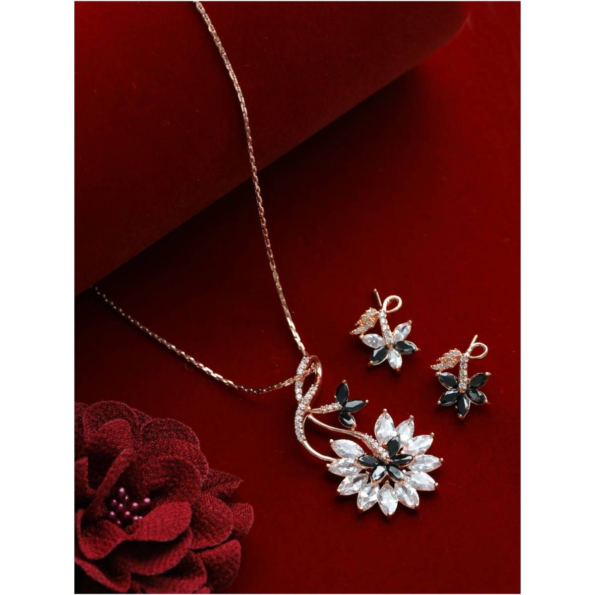 Aatmana Black American Diamond Rose Gold Pendant & Earring Set