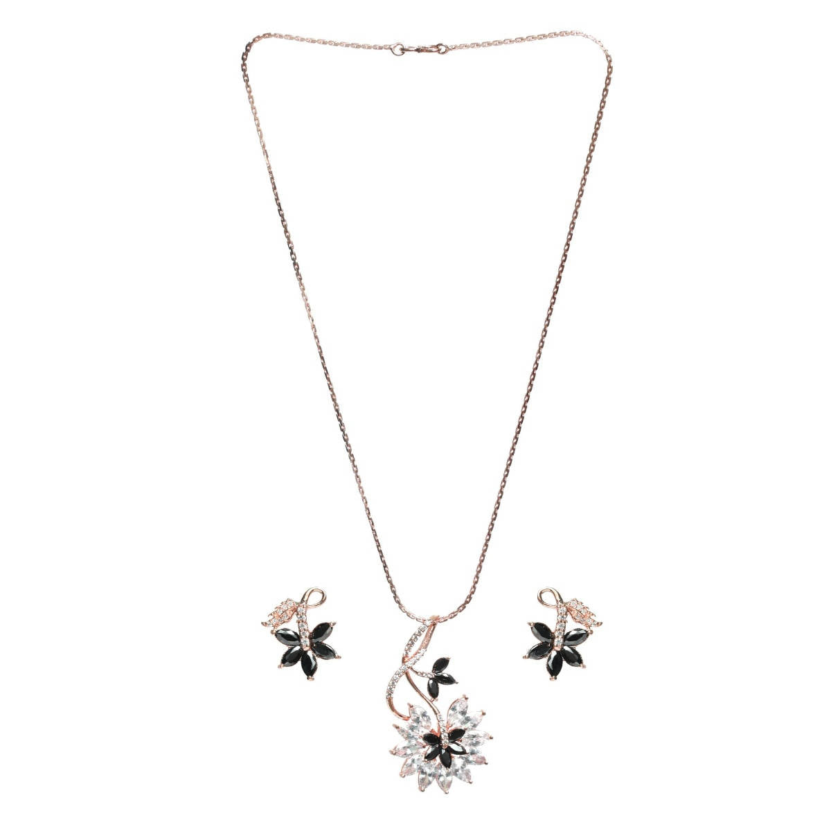 Aatmana Black American Diamond Rose Gold Pendant & Earring Set