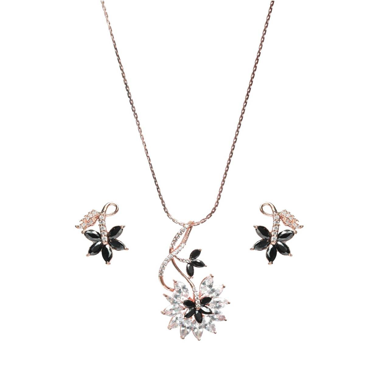 Aatmana Black American Diamond Rose Gold Pendant & Earring Set