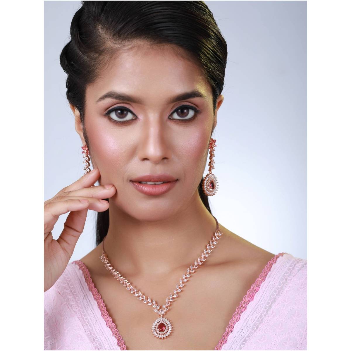 Aatmana Rose Gold Plated Red American Diamond & Cz Studded Handcrafted Jewellery Set