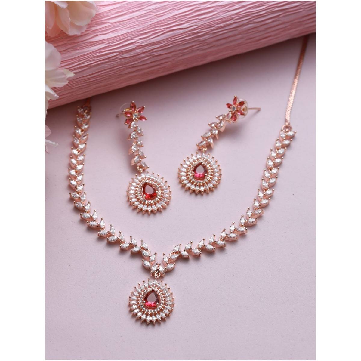 Aatmana Rose Gold Plated Red American Diamond & Cz Studded Handcrafted Jewellery Set