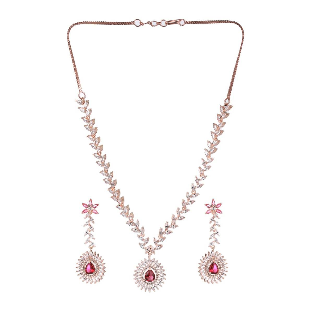 Aatmana Rose Gold Plated Red American Diamond & Cz Studded Handcrafted Jewellery Set
