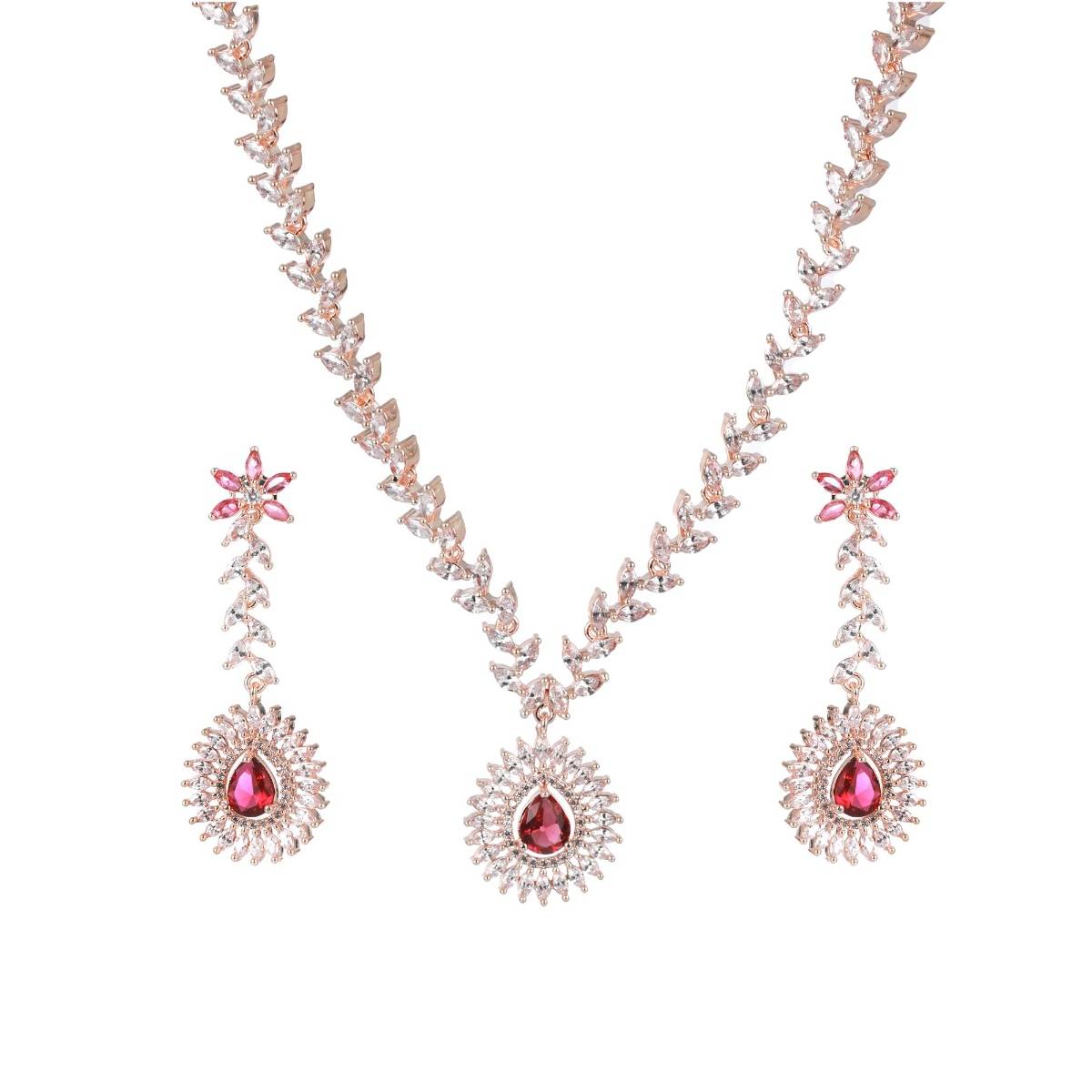 Aatmana Rose Gold Plated Red American Diamond & Cz Studded Handcrafted Jewellery Set