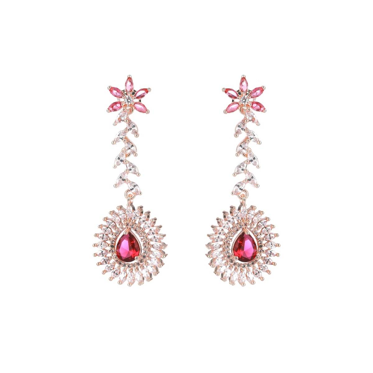 Aatmana Rose Gold Plated Red American Diamond & Cz Studded Handcrafted Jewellery Set