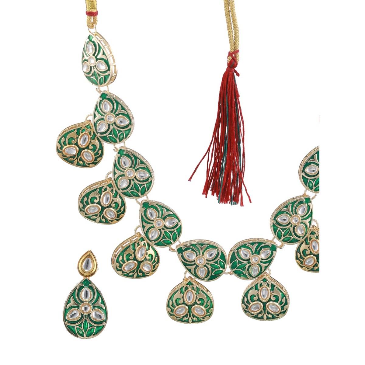 Aatmana Green & Gold Plated Enamelled & Kundan Studded Handcrafted Jewellery Set