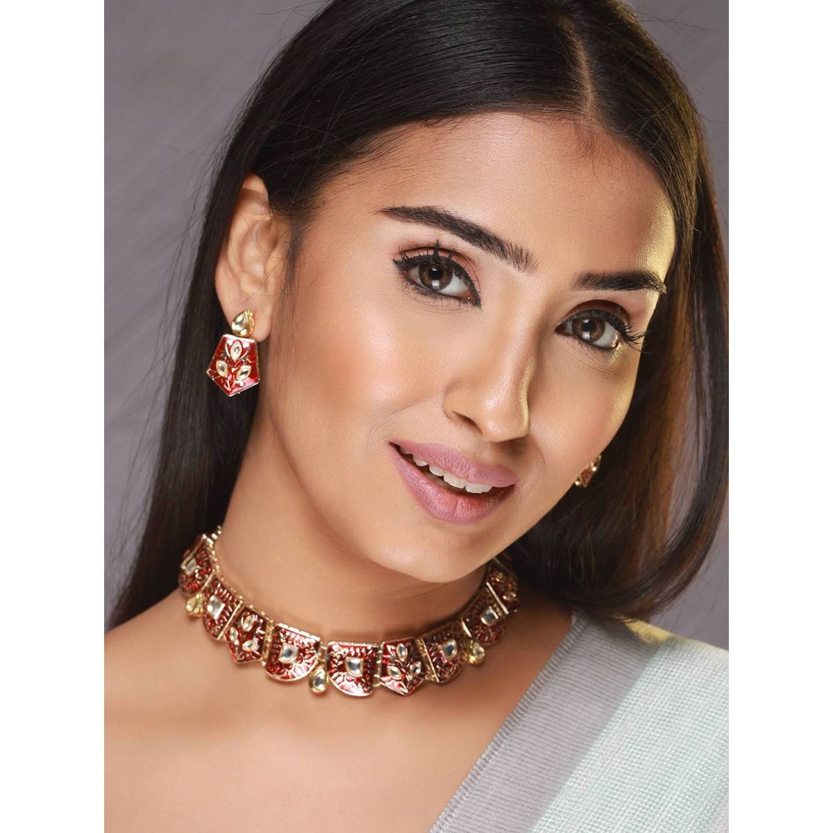 Aatmana Maroon Gold Plated Enamelled & Kundan Studded Handcrafted Jewellery Set