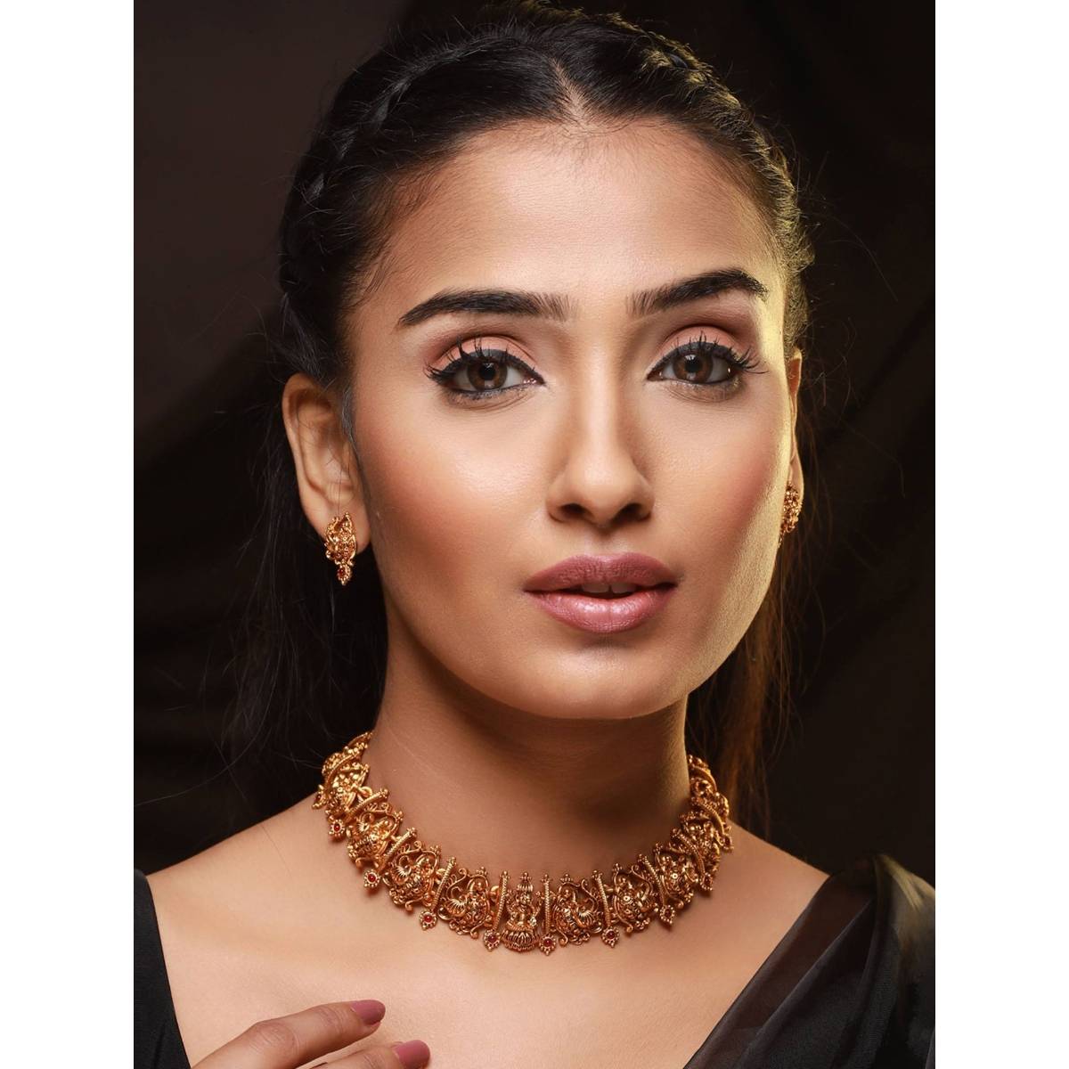 Aatmana Gold Plated Red Stone Studded Temple Choker Jewellery Set · One Size
