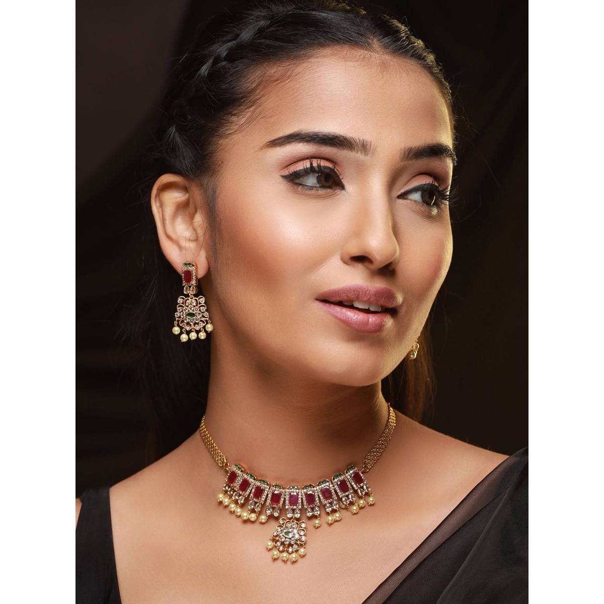Aatmana Gold Plated AD Studded Ruby & Emarald Stone Temple Choker Jewellery Set · One Size