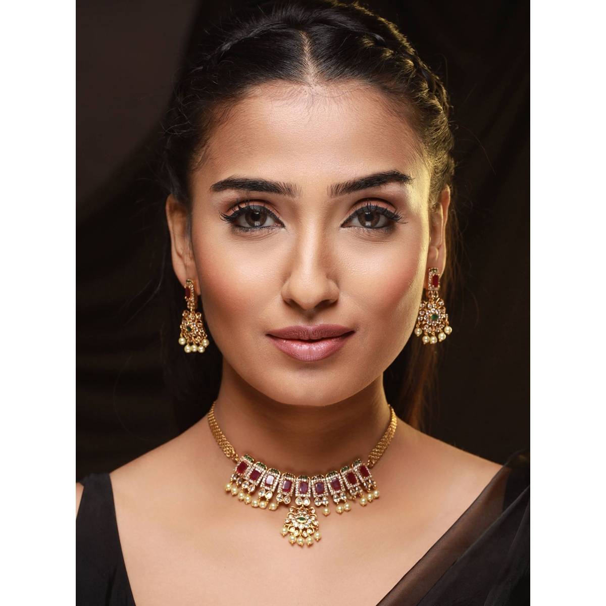 Aatmana Gold Plated AD Studded Ruby & Emarald Stone Temple Choker Jewellery Set · One Size