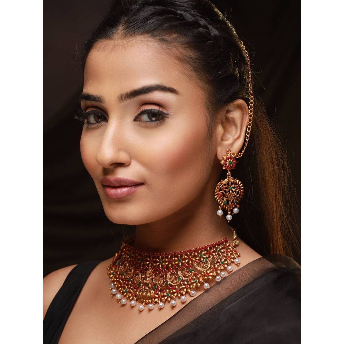 Aatmana Gold Plated Red & Green Stone Studded Temple Choker Set