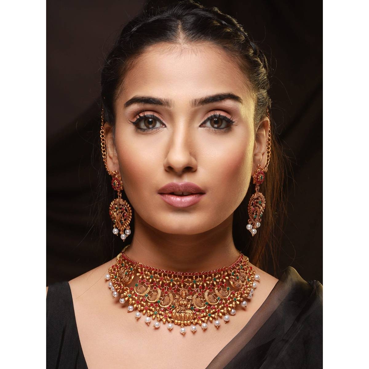 Aatmana Gold Plated Red & Green Stone Studded Temple Choker Set