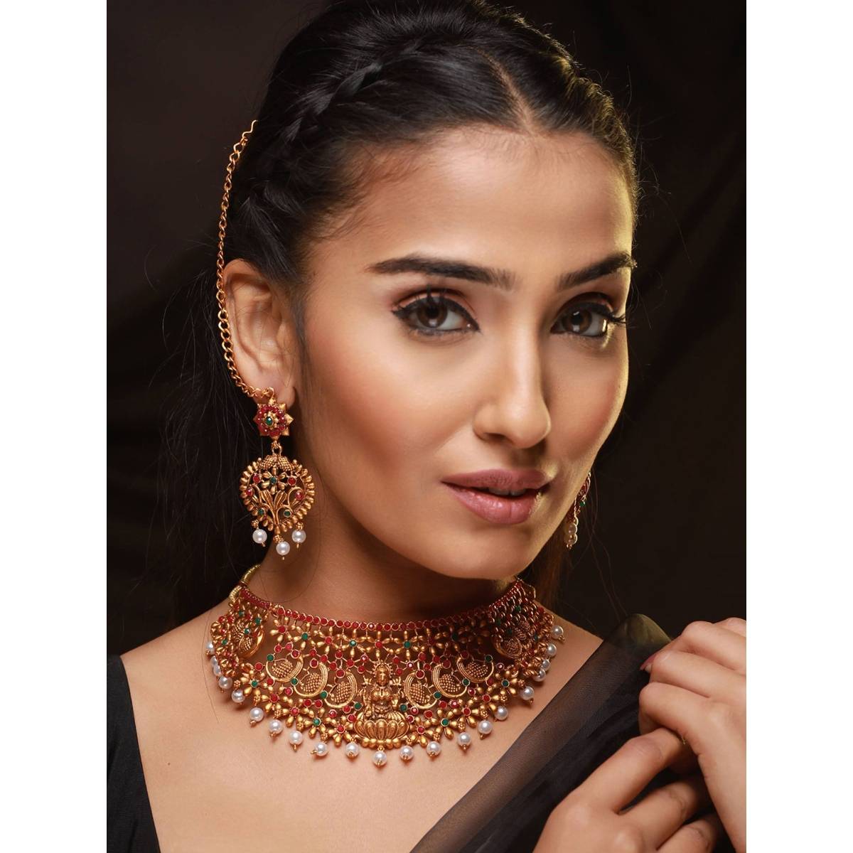 Aatmana Gold Plated Red & Green Stone Studded Temple Choker Set