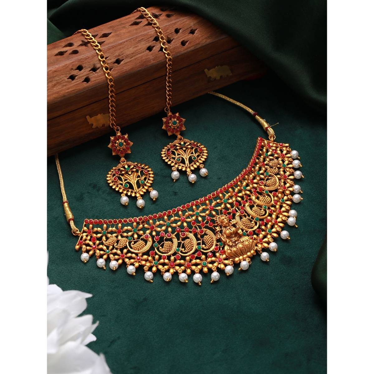 Aatmana Gold Plated Red & Green Stone Studded Temple Choker Set
