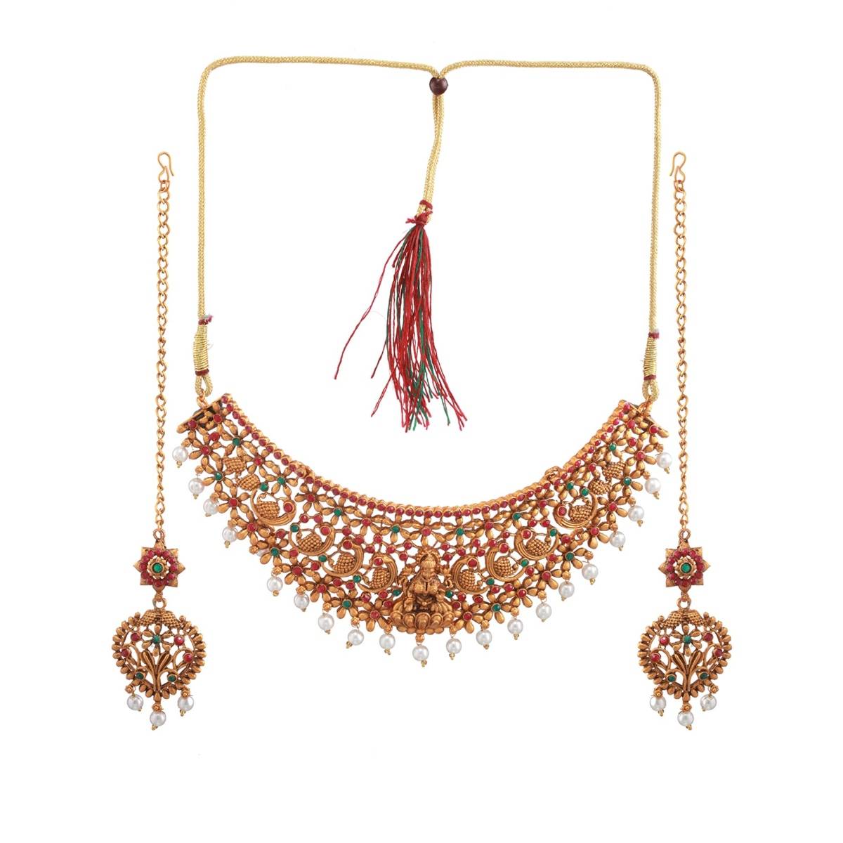 Aatmana Gold Plated Red & Green Stone Studded Temple Choker Set