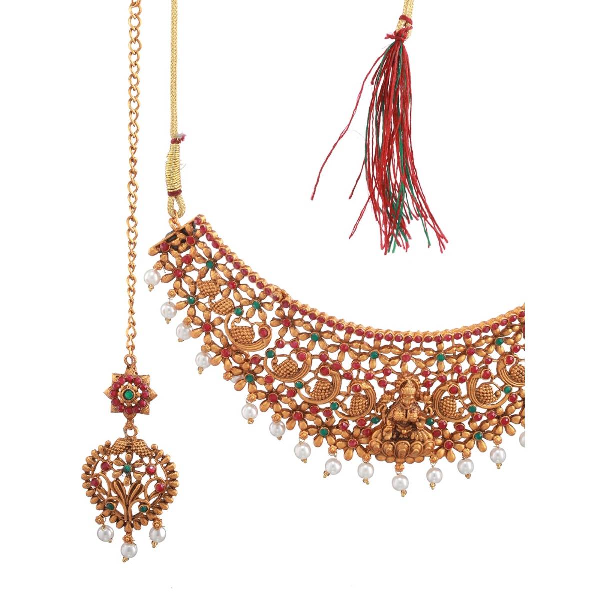 Aatmana Gold Plated Red & Green Stone Studded Temple Choker Set