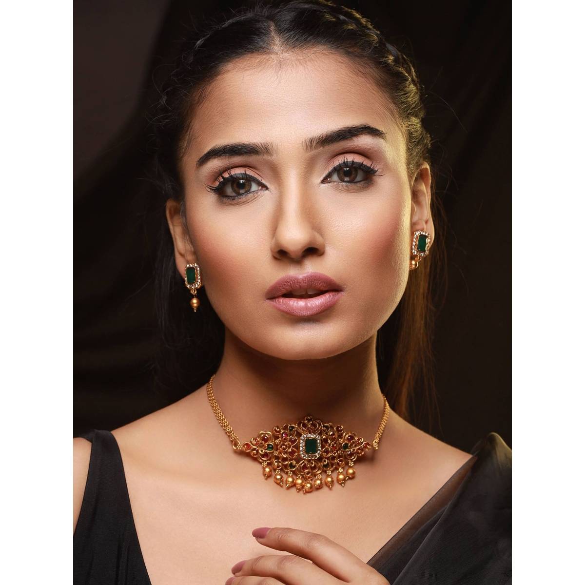 Aatmana Gold Plated Pink & Green Stone Studded Handcrafted Temple Choker Set