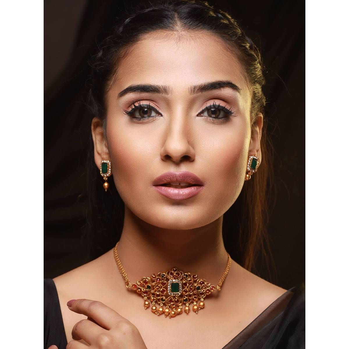 Aatmana Gold Plated Pink & Green Stone Studded Handcrafted Temple Choker Set