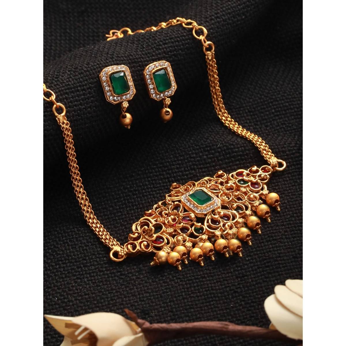 Aatmana Gold Plated Pink & Green Stone Studded Handcrafted Temple Choker Set
