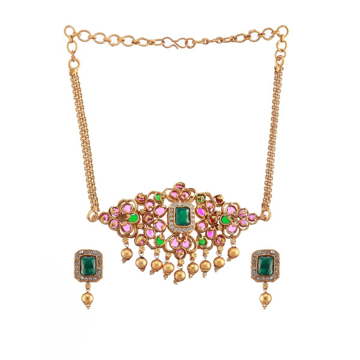 Aatmana Gold Plated Pink & Green Stone Studded Handcrafted Temple Choker Set
