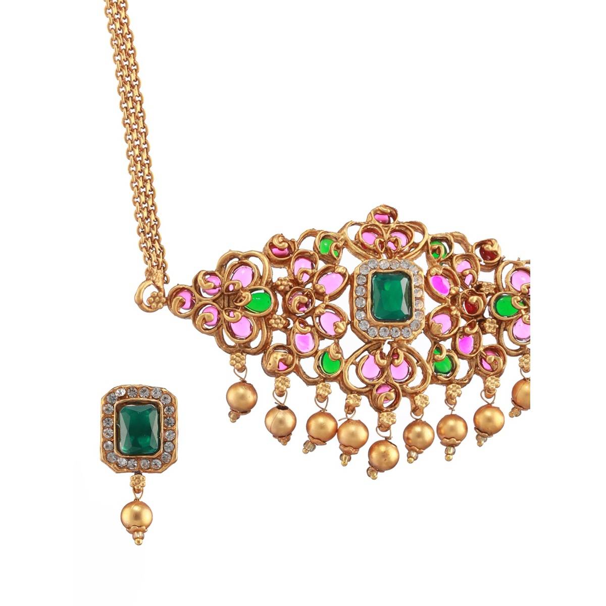 Aatmana Gold Plated Pink & Green Stone Studded Handcrafted Temple Choker Set