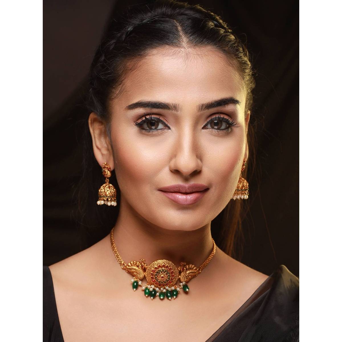 Aatmana Gold Plated Pink & Green Stone Studded & Beaded, Peacock Motif Temple Choker Set · One Size